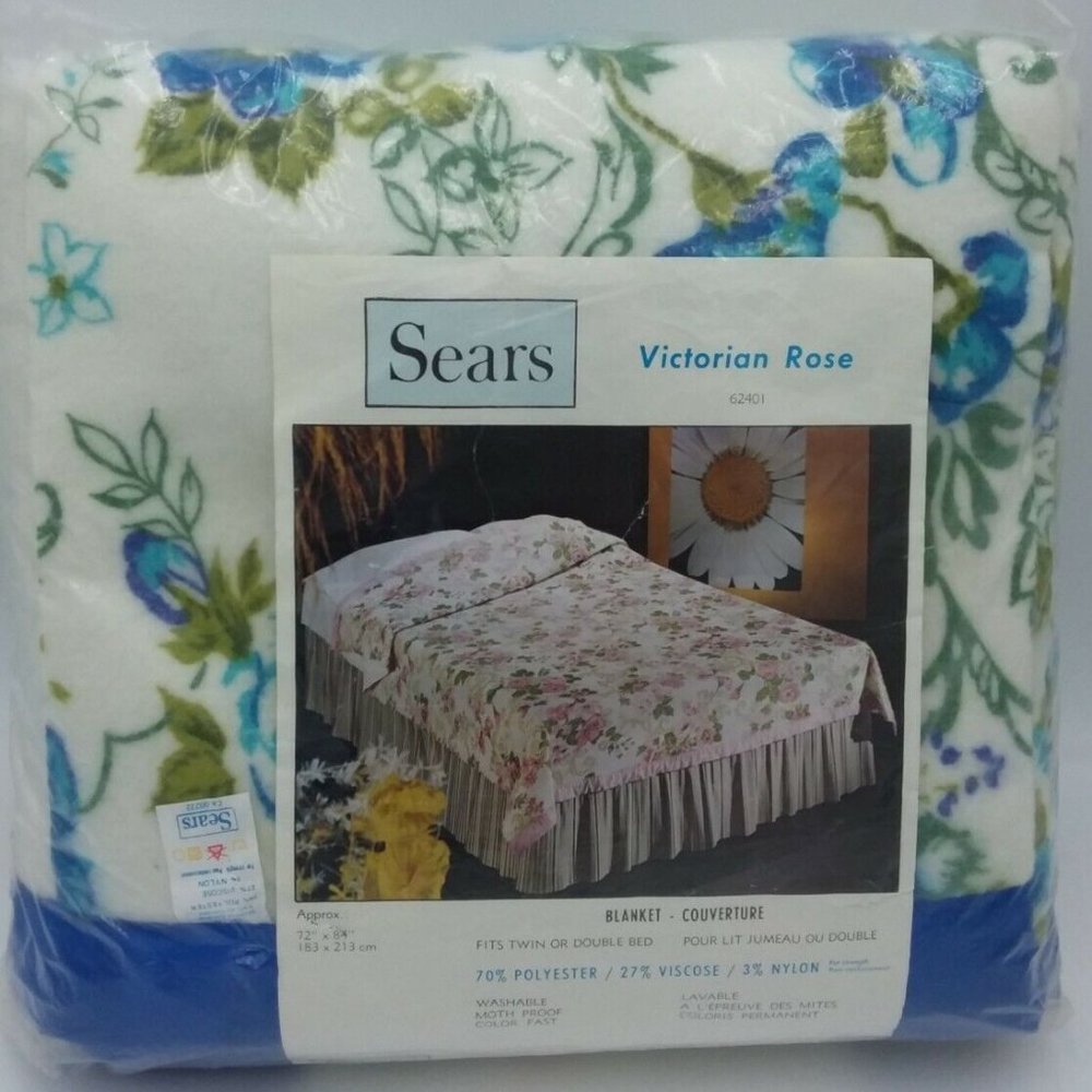Sears Victorian Rose Twin Double Floral Blanket 72" x 84" Vintage Bedding Retro